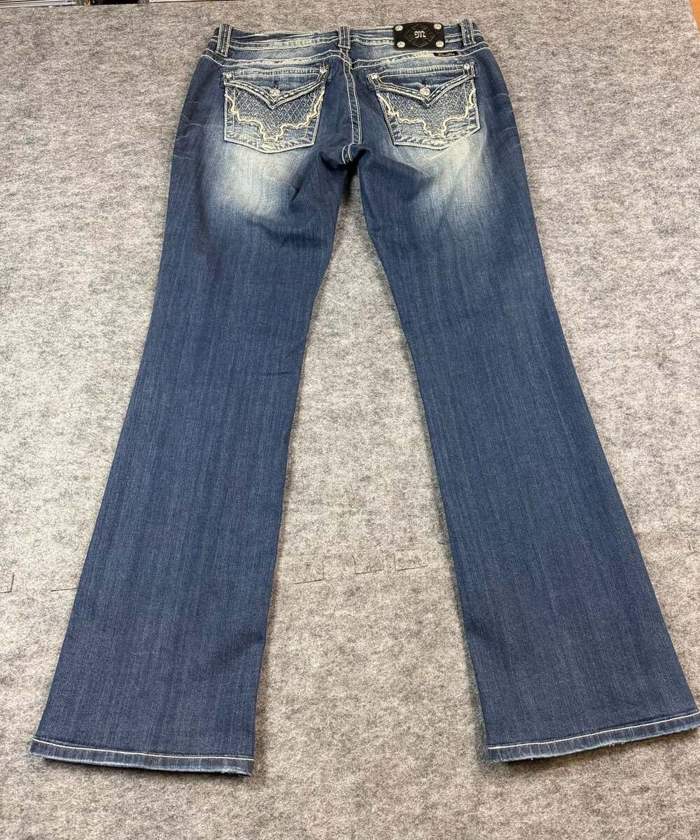Miss Me Mid-Rise Bootcut Jeans Size 33x32 Dark Wash Rhinestone Embellished
